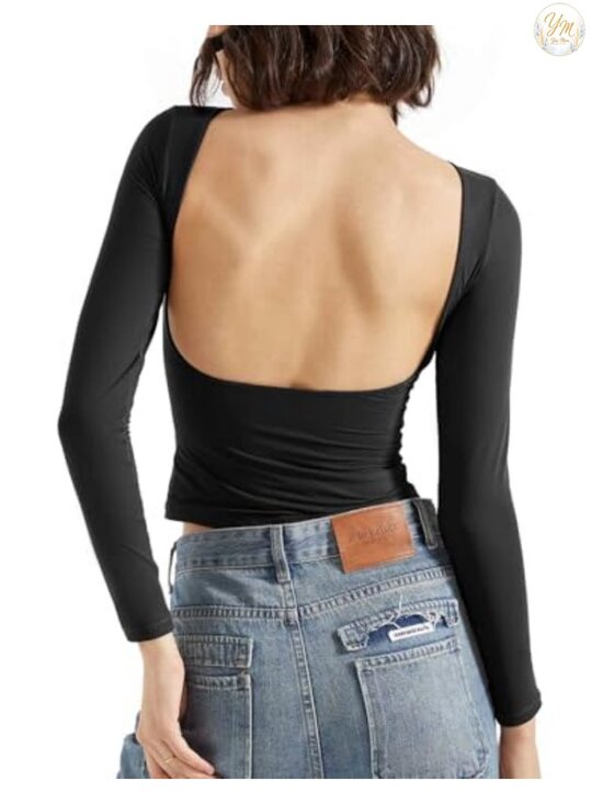 Tops - Double Lined Backless Going Out Top Long Sleeve Boat Neck Fitted Tee